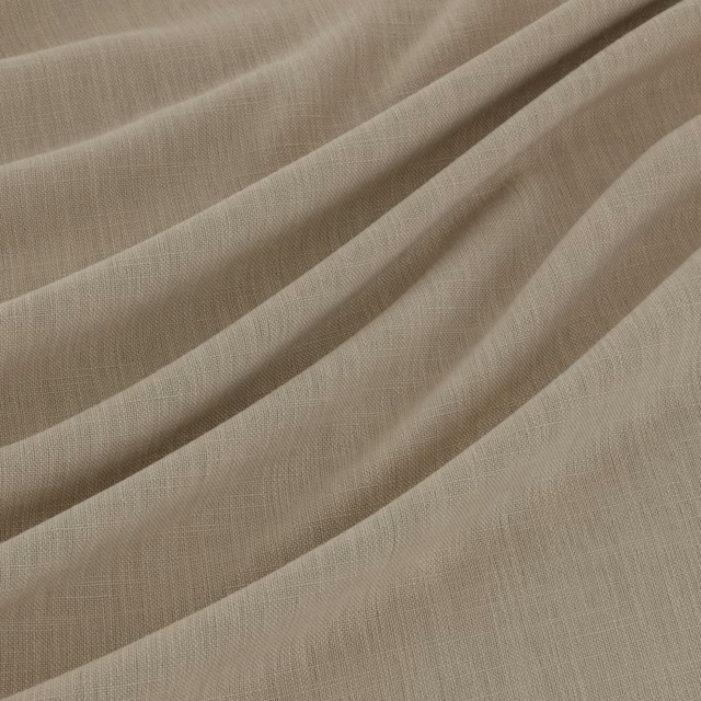 Warm buff beige fabric with fine vertical weave draped in broad soft folds