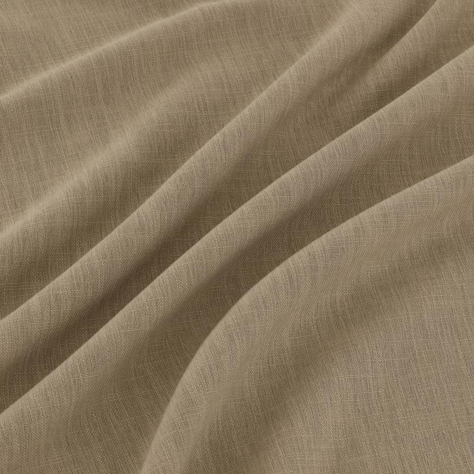 Warm taupe woven textile with fine crosshatch texture falling in soft diagonal folds
