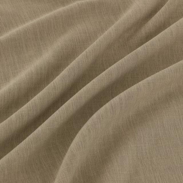 Warm taupe woven textile with fine crosshatch texture falling in soft diagonal folds