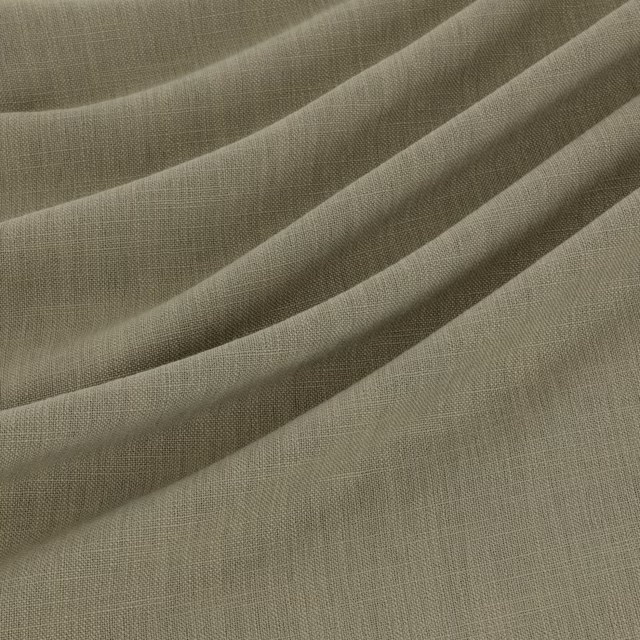 Muted wasabi olive fabric with fine linen-look weave arranged in soft folds