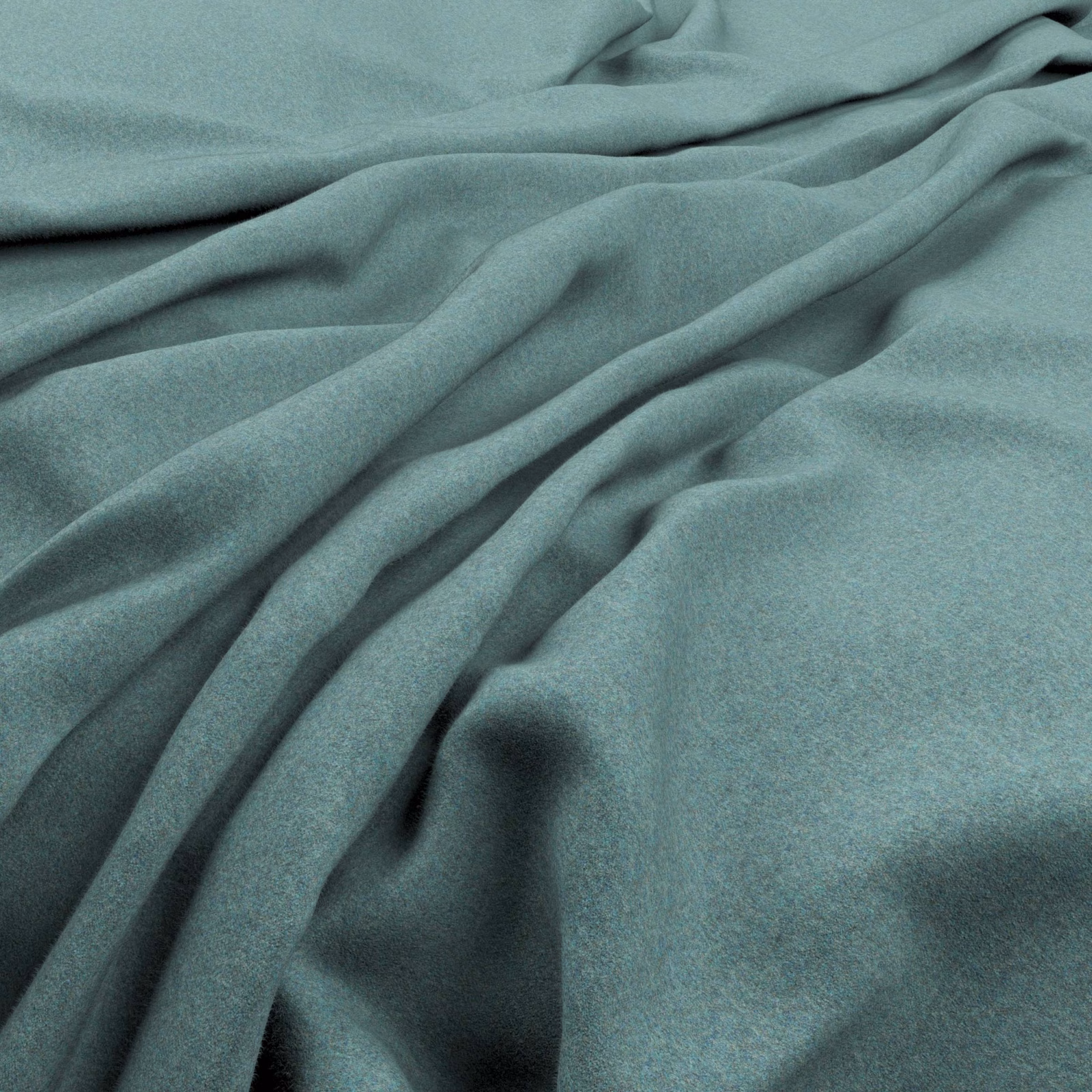 Muted blue-teal fabric in soft folds, showing a fine matte surface and deep shadows