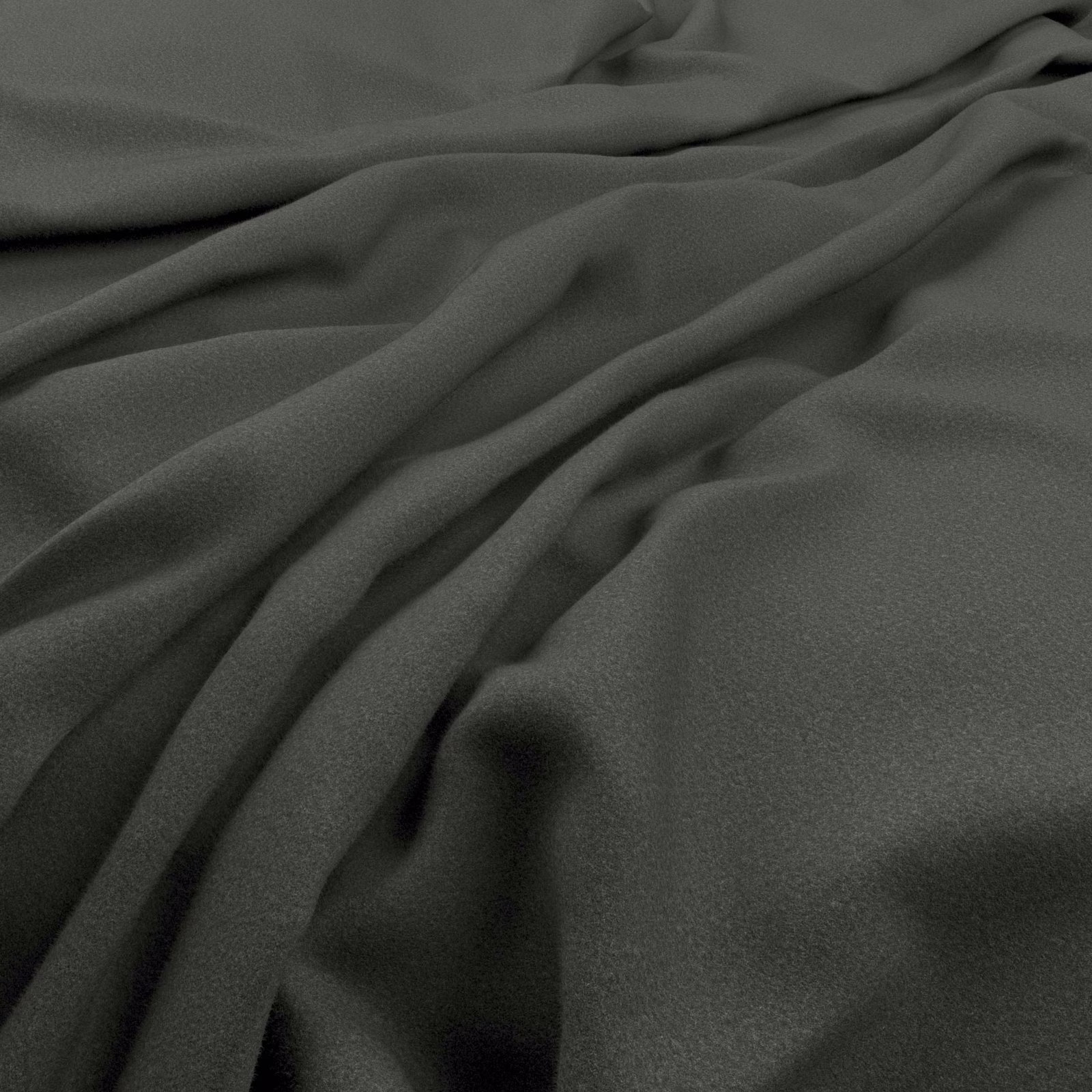 Deep anthracite-grey cloth falling in soft, fluid folds with a fine surface texture
