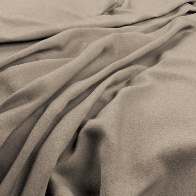 Warm mushroom-taupe fabric draped in broad folds with soft brushed texture