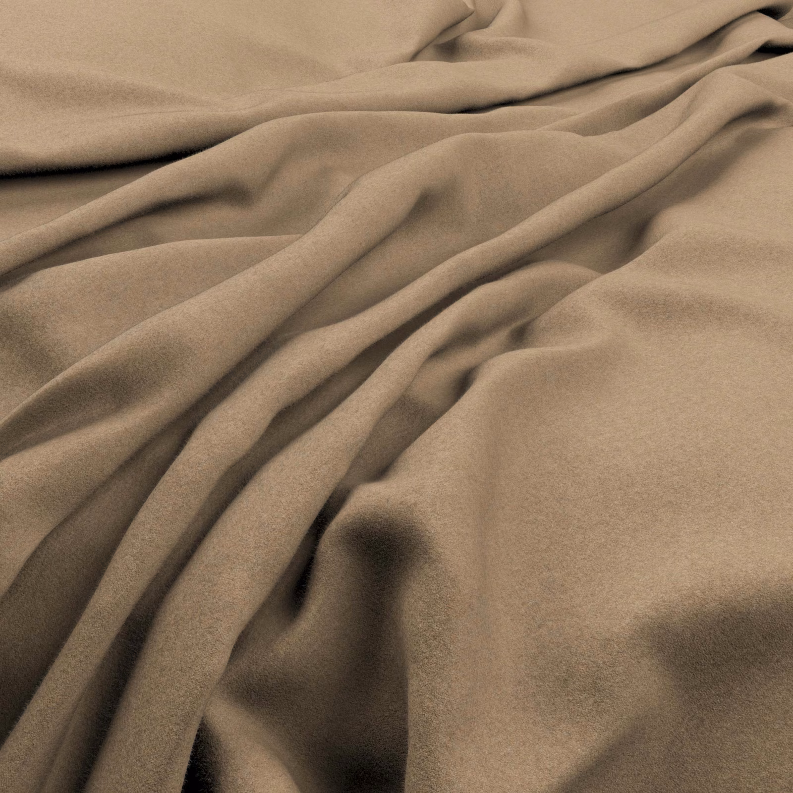 Warm camel fabric with a softly lustrous surface, gathered into flowing folds