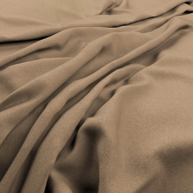 Warm camel fabric with a softly lustrous surface, gathered into flowing folds