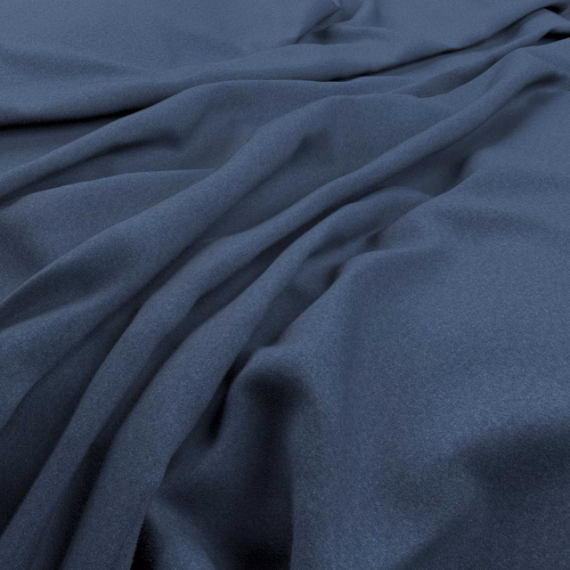 Muted denim-blue plain fabric gathered into soft, low-sheen folds