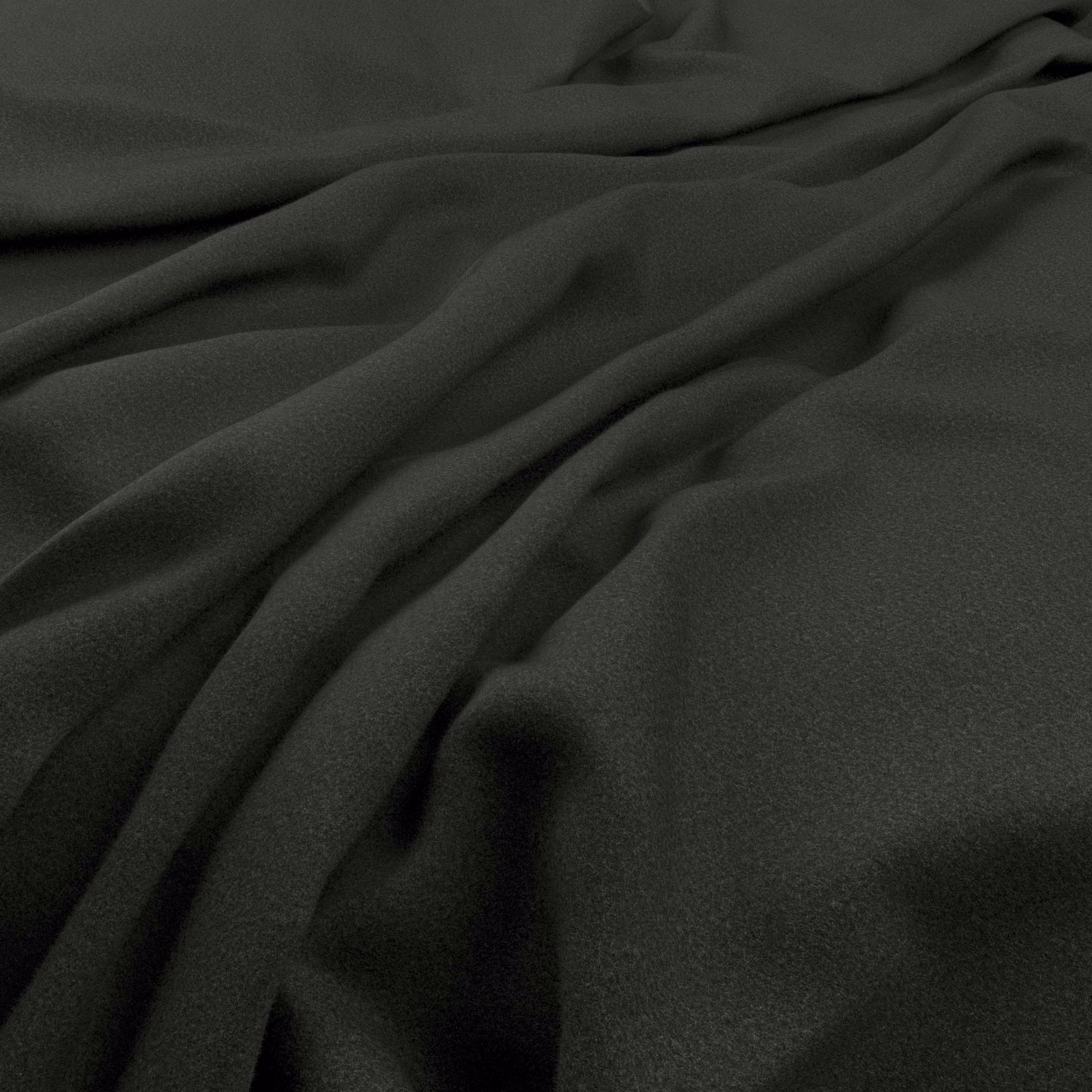 Amatheon Ebony near-black fabric forming soft, fluid folds with subtle charcoal highlights