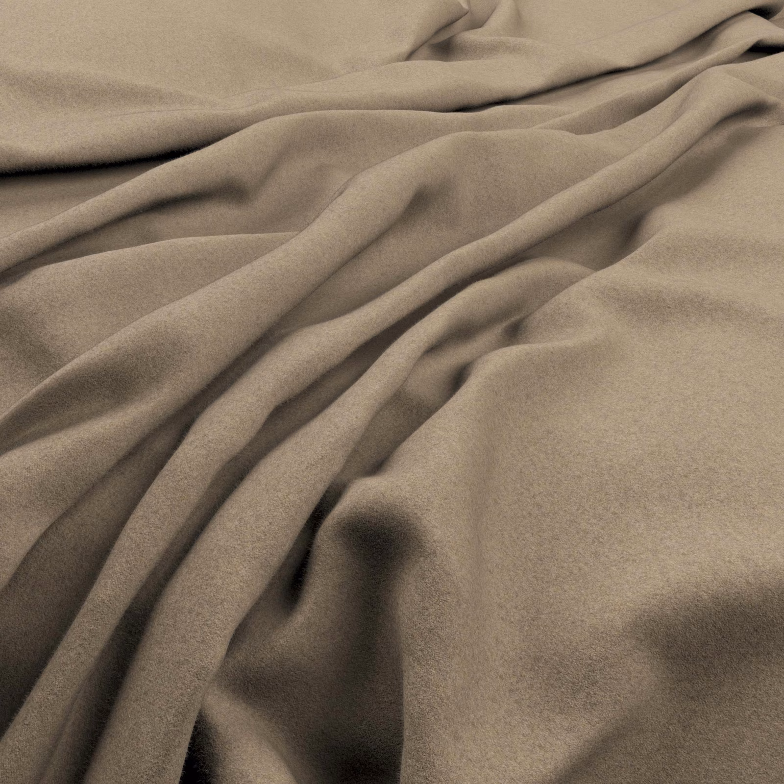 Warm mushroom-taupe plain fabric falling in soft, fluid folds