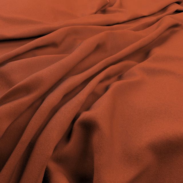 Draped smooth russet terracotta fabric with deep shadowed folds and soft surface sheen