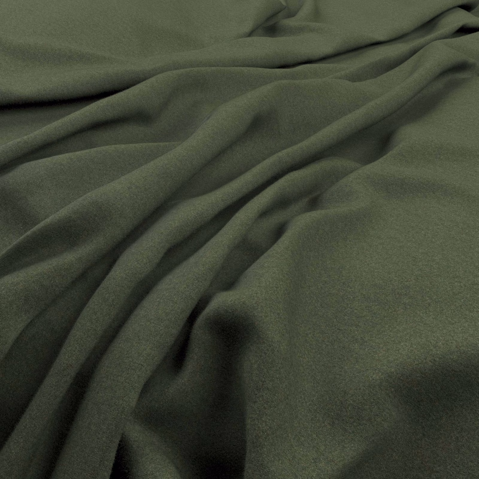 Muted olive-green plain fabric falling in soft, shadowed draped folds