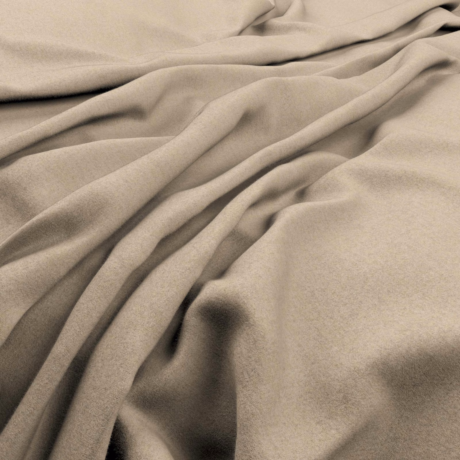 Soft greige-taupe fabric draped in deep folds with a smooth plush surface