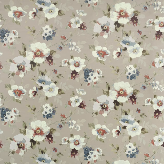 Muted greige floral fabric with cream, dusty blue and burgundy blossoms
