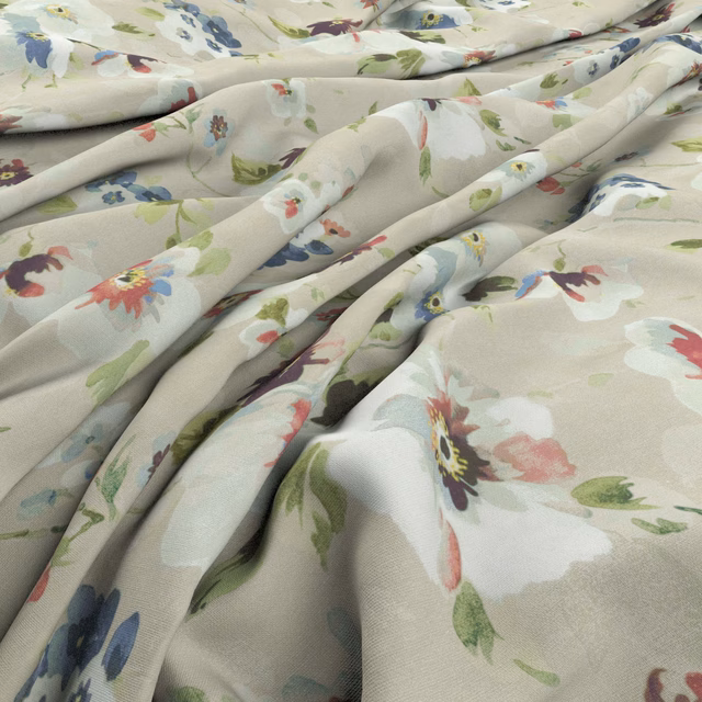 Pale sage floral cloth with blue, coral and plum painterly blooms in soft folds