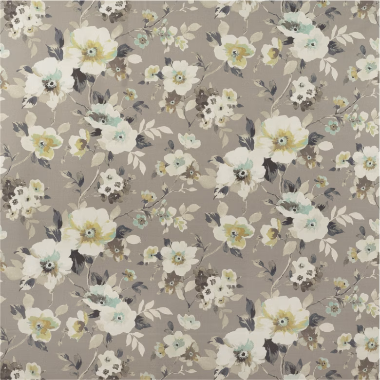 Taupe-grey floral fabric with cream blooms, mint petals and charcoal leaves