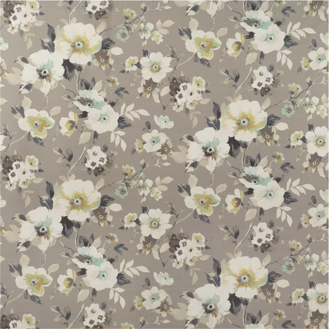 Taupe-grey floral fabric with cream blooms, mint petals and charcoal leaves