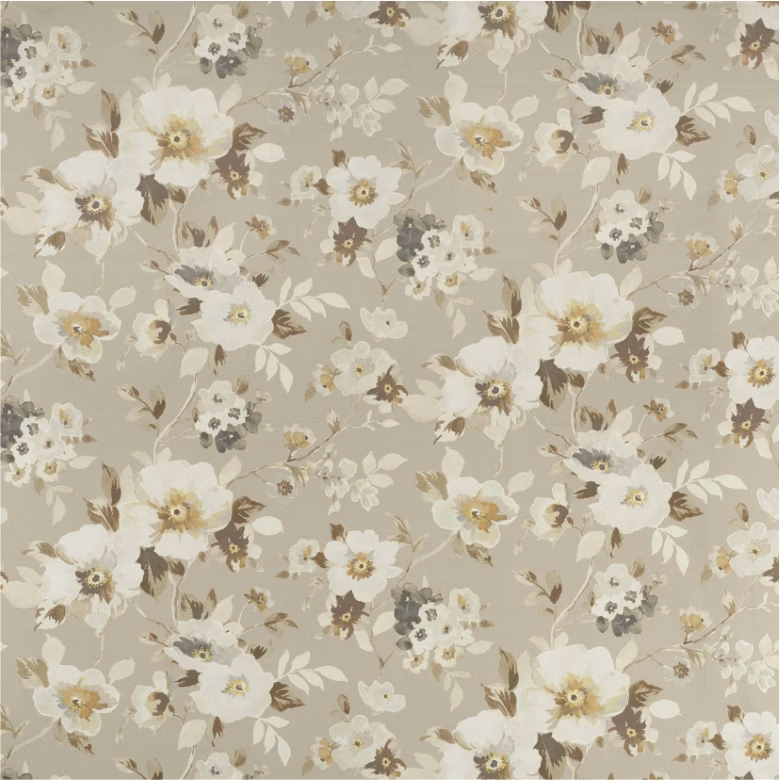 Muted taupe floral fabric with ivory blossoms and brown-grey leafy sprigs