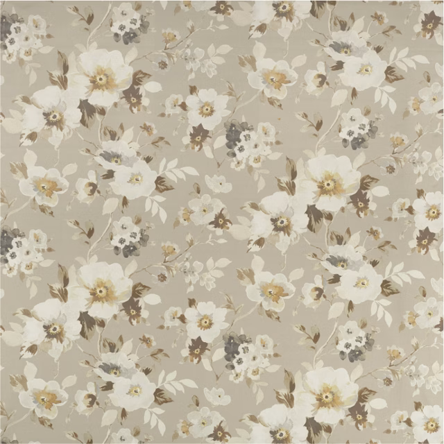 Muted taupe floral fabric with ivory blossoms and brown-grey leafy sprigs