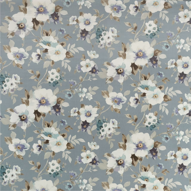 Muted Wedgewood-blue floral fabric with ivory blooms and dusky blue flowers