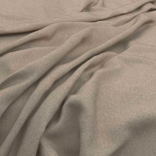 Warm greige taupe fabric with a softly mottled weave falling in loose folds