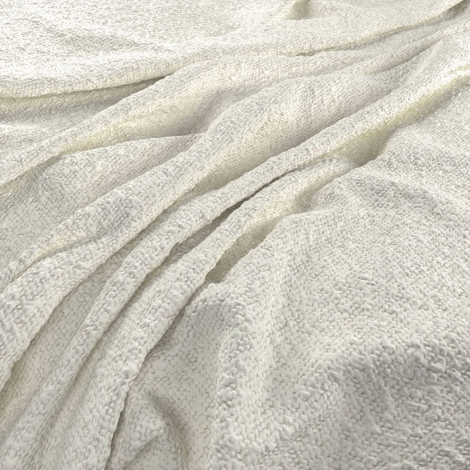 Close-up of ivory nubby fabric gathered into softly shadowed folds
