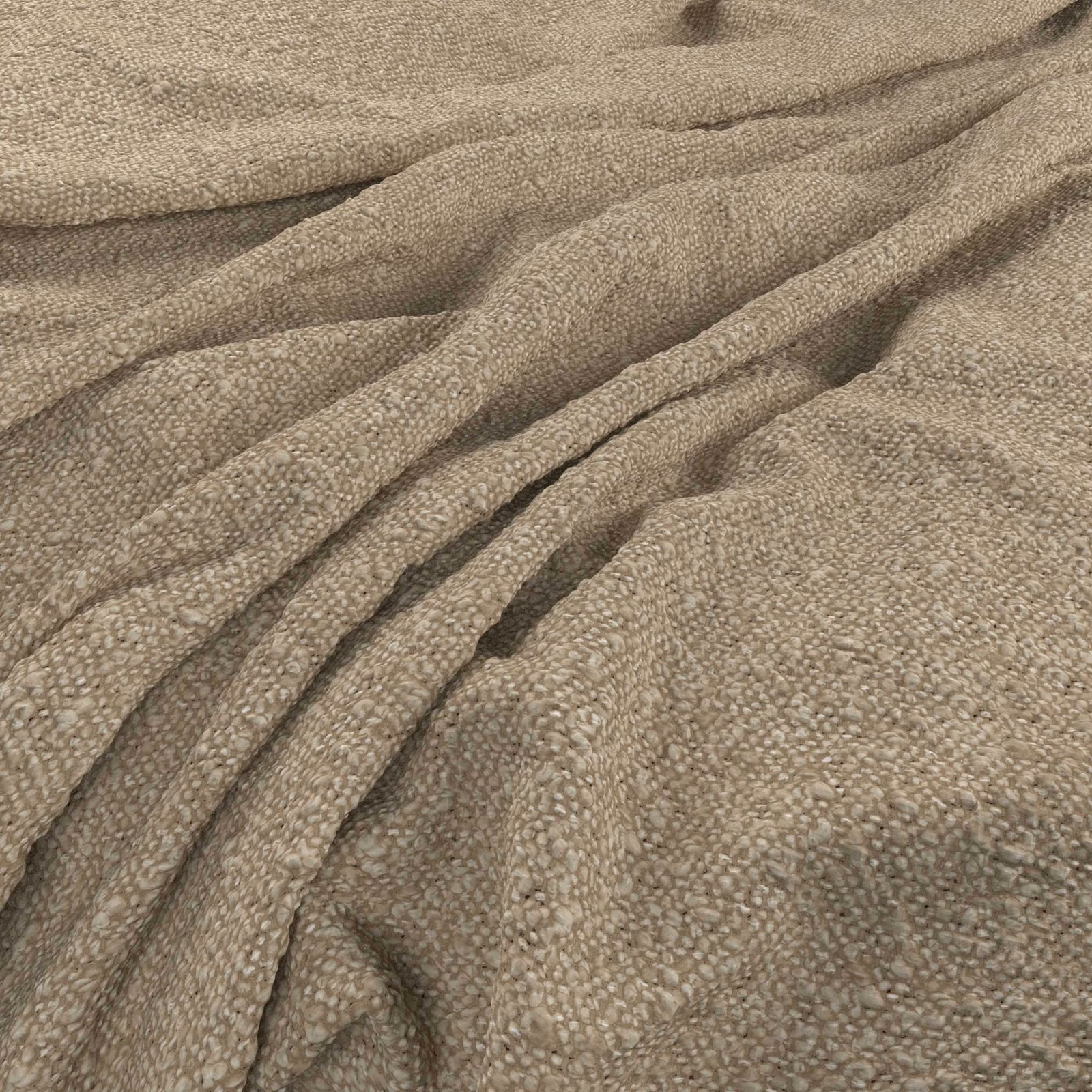 Warm nougat taupe fabric with chunky nubby weave gathered into soft folds