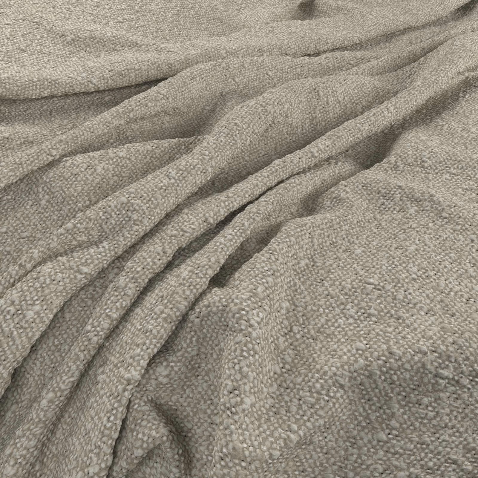 Muted grey-taupe fabric with a close nubby weave gathered into soft folds