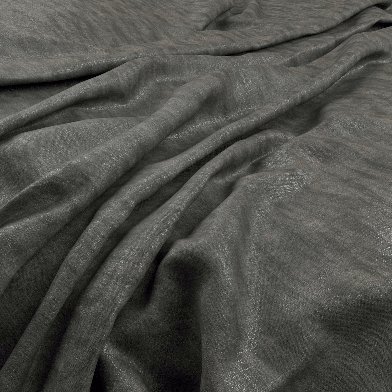 Cool pewter-grey fabric with subtle woven sheen gathered into fluid, shadowed folds