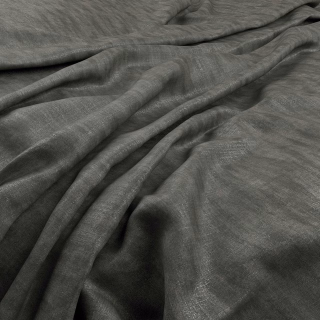Cool pewter-grey fabric with subtle woven sheen gathered into fluid, shadowed folds