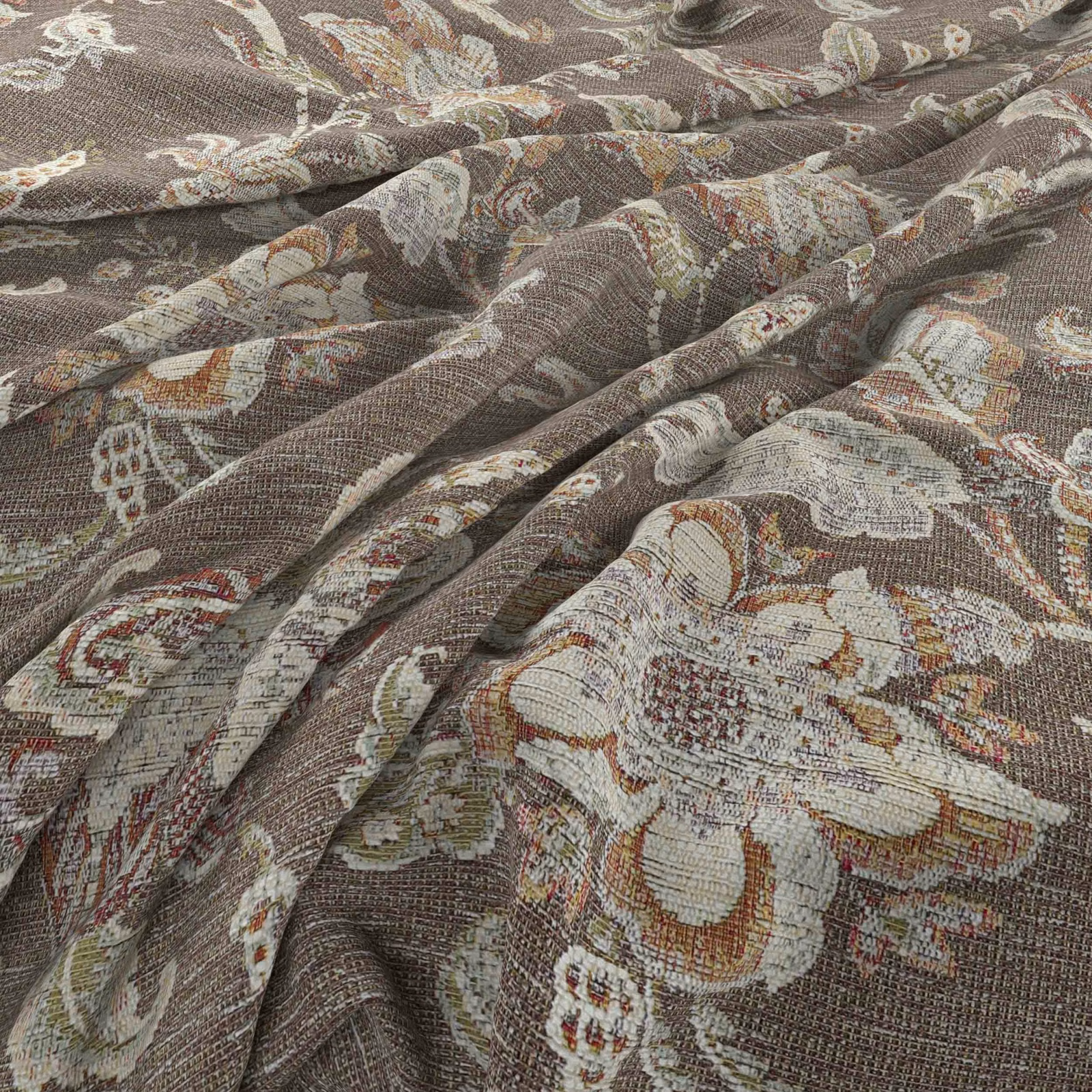 Taupe-brown woven fabric with large faded cream, sage and red floral motifs