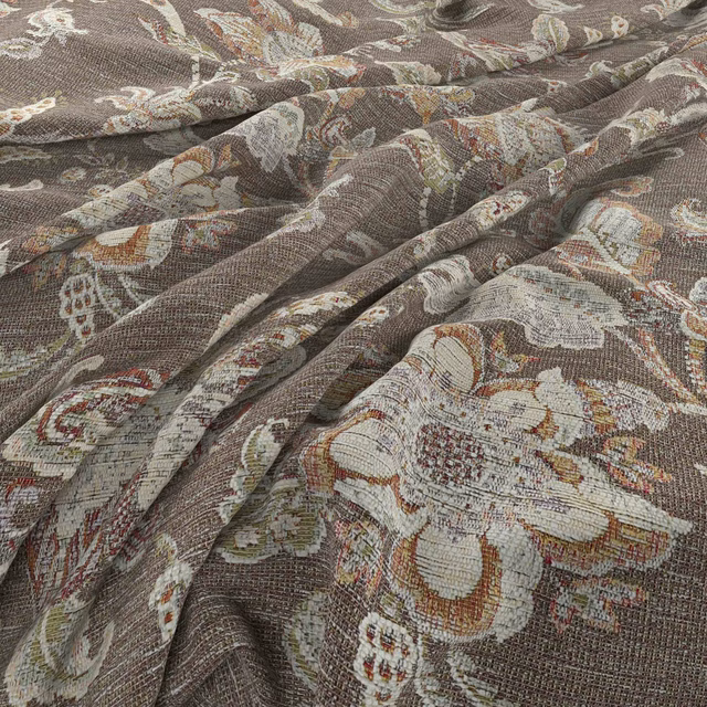 Taupe-brown woven fabric with large faded cream, sage and red floral motifs