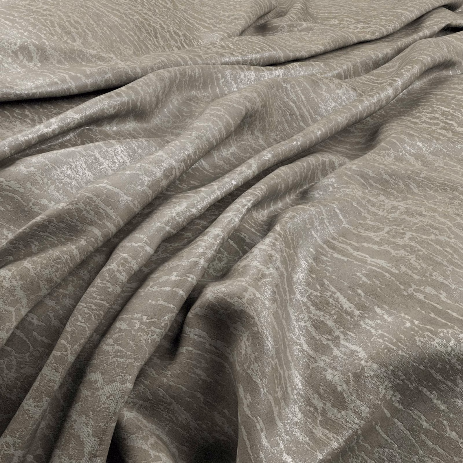Warm grey taupe fabric with pale branching striations and a soft lustre