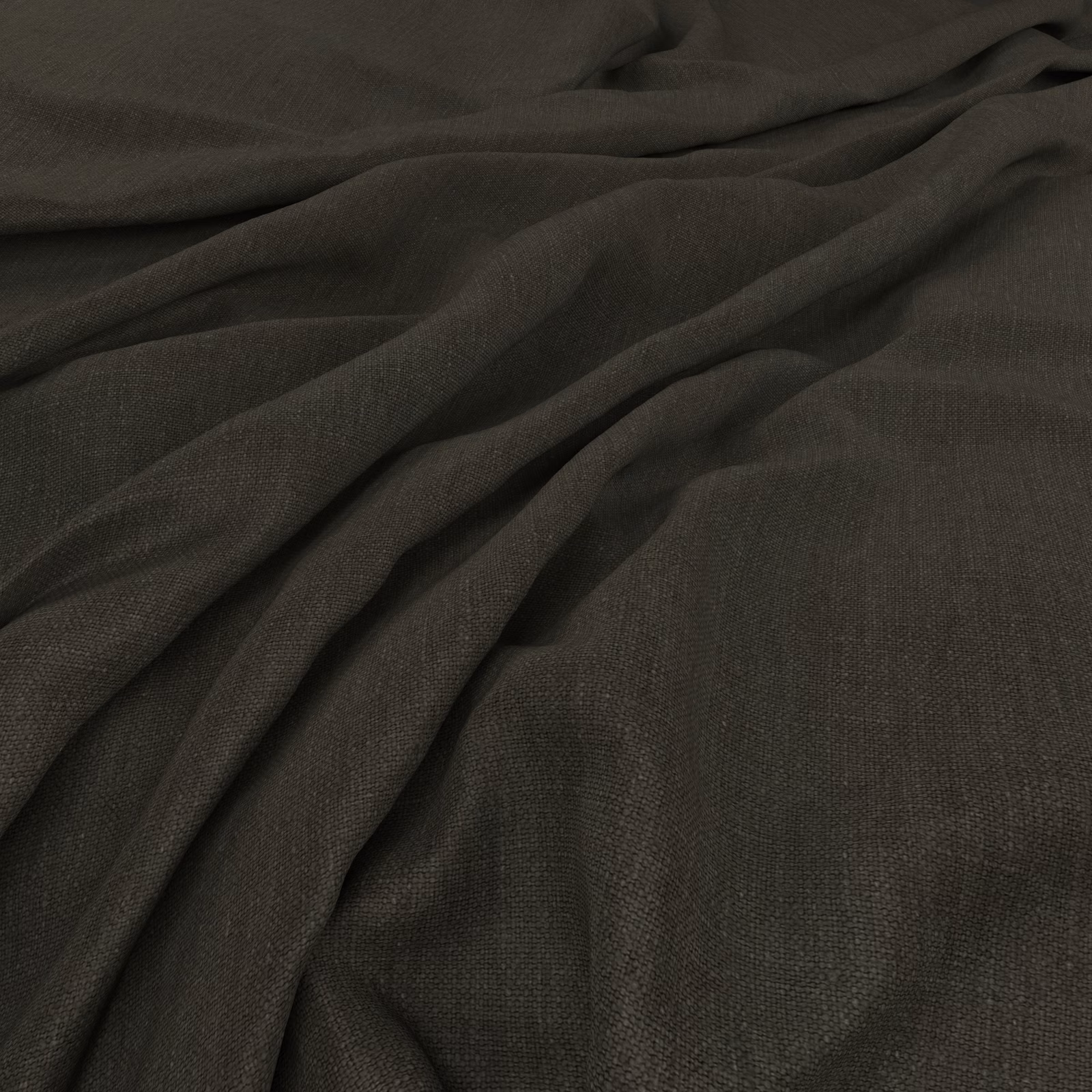 Deep bitter-brown woven fabric falling in soft, fluid folds with subtle charcoal texture