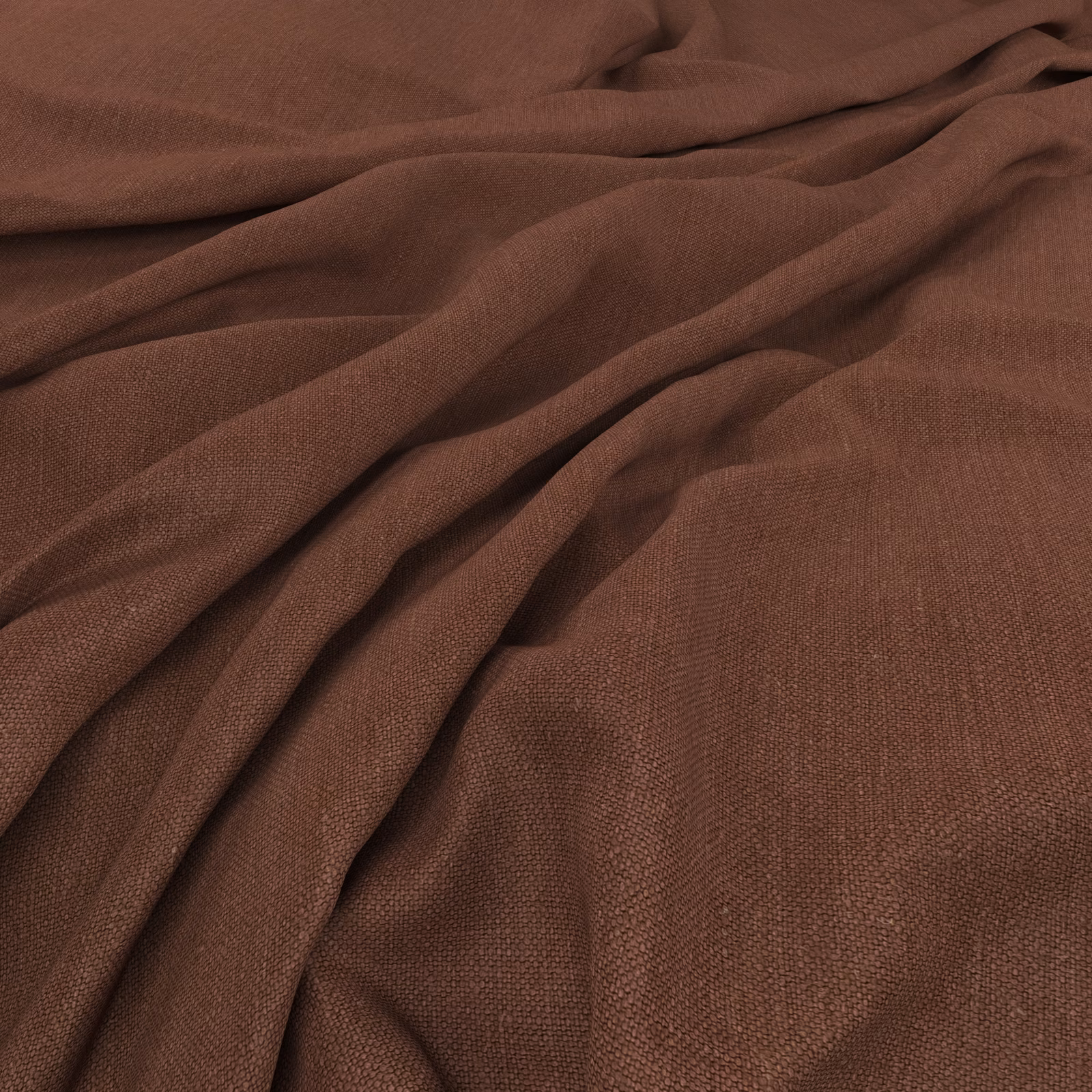 Warm brick-brown plain weave fabric gathered into softly textured folds