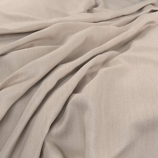 Warm flax-beige plain weave fabric gathered into soft flowing folds