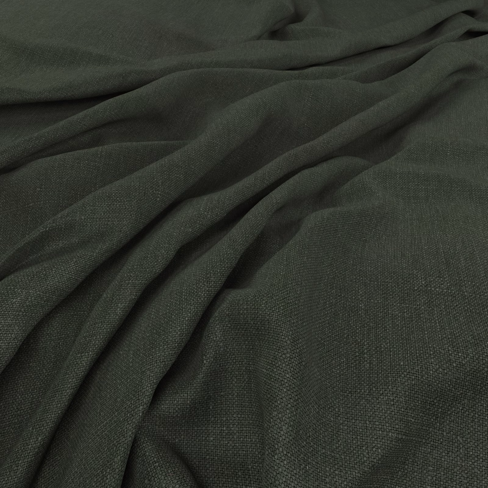 Deep forest-green woven fabric gathered into soft folds with a fine textured surface