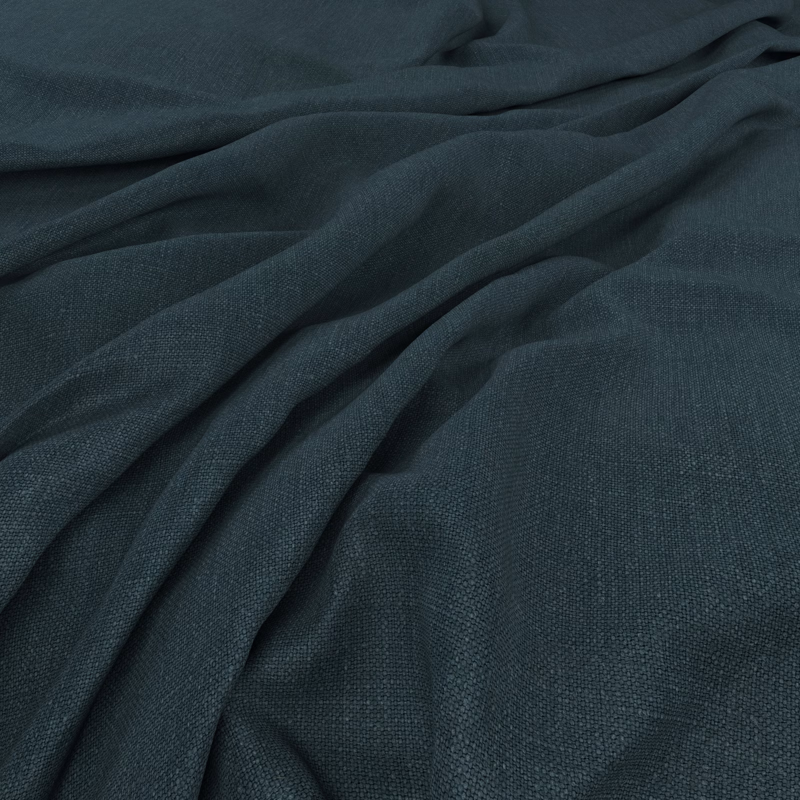 Deep ink-teal plain weave fabric draped in softly gathered, textured folds