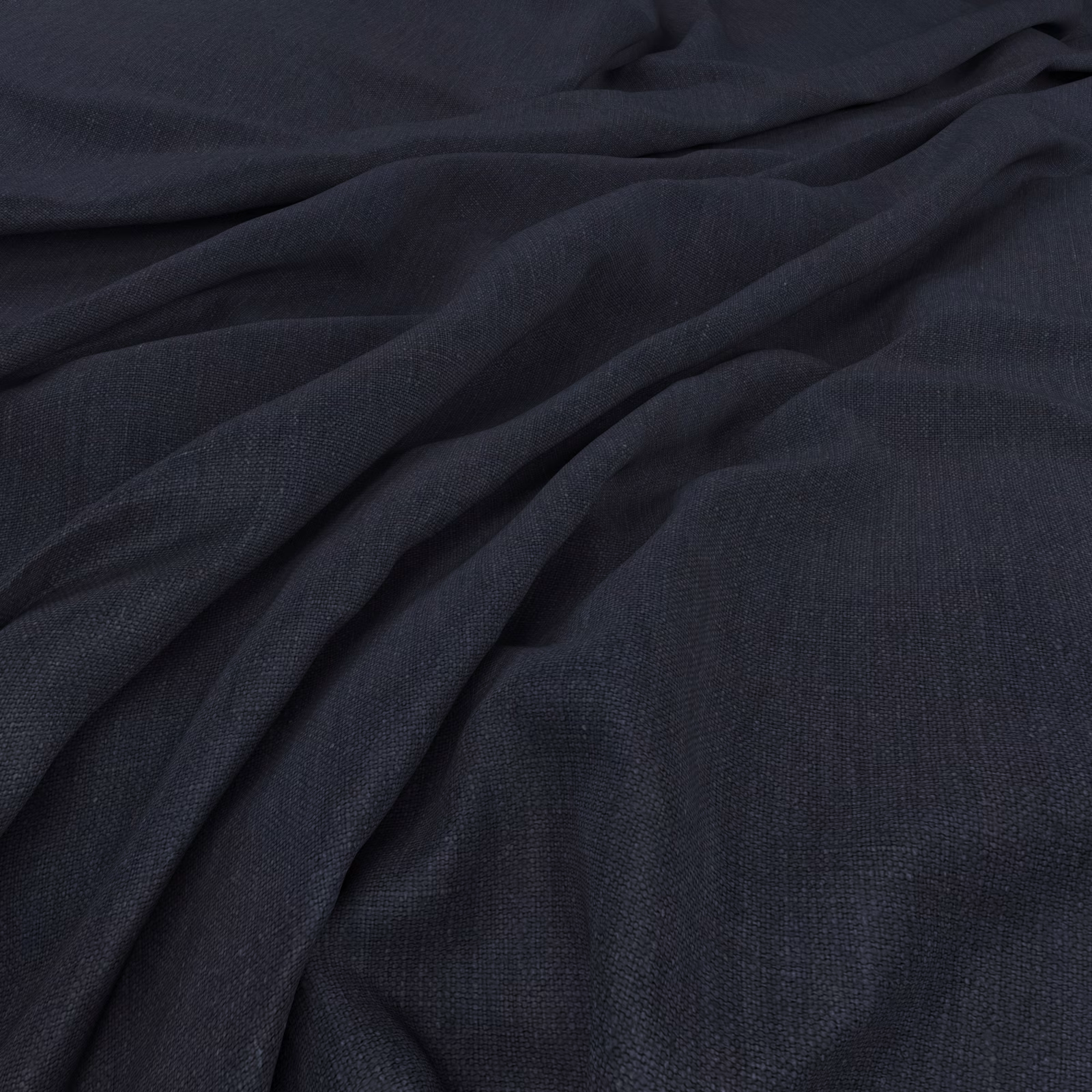Deep indigo plain weave gathered into soft, shadowed folds