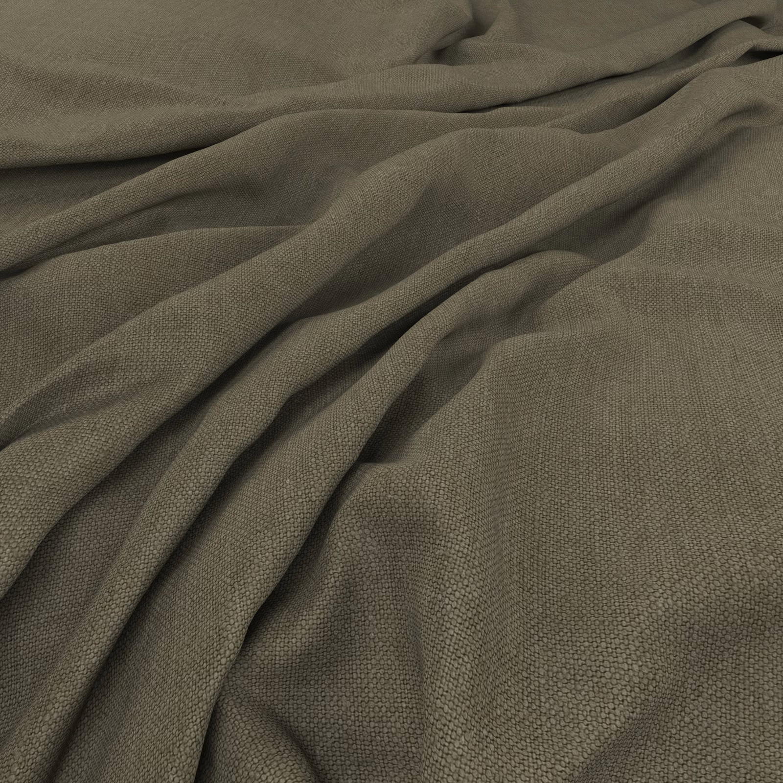 Muted olive-khaki plain weave fabric draped in soft folds with fine texture