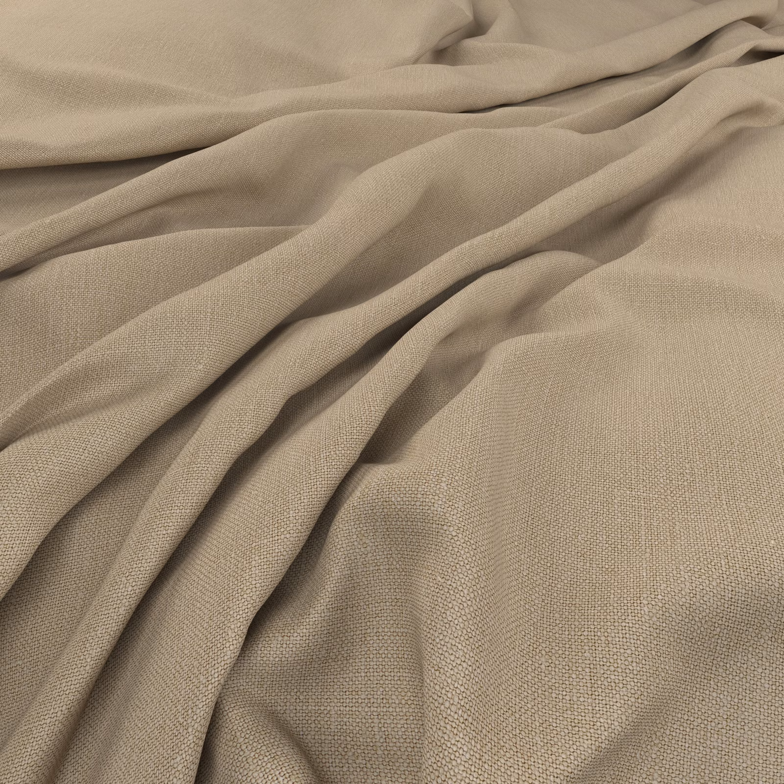 Warm papyrus-taupe plain weave fabric gathered into soft, fluid folds