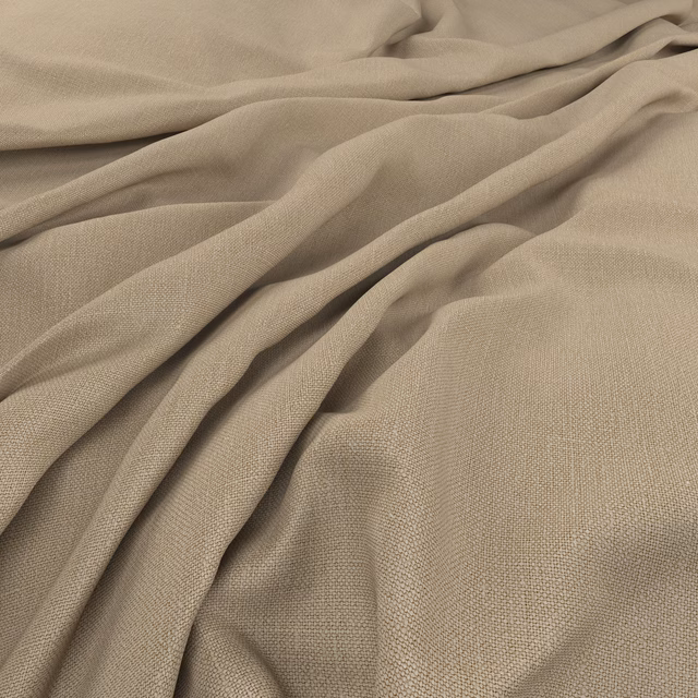 Warm papyrus-taupe plain weave fabric gathered into soft, fluid folds