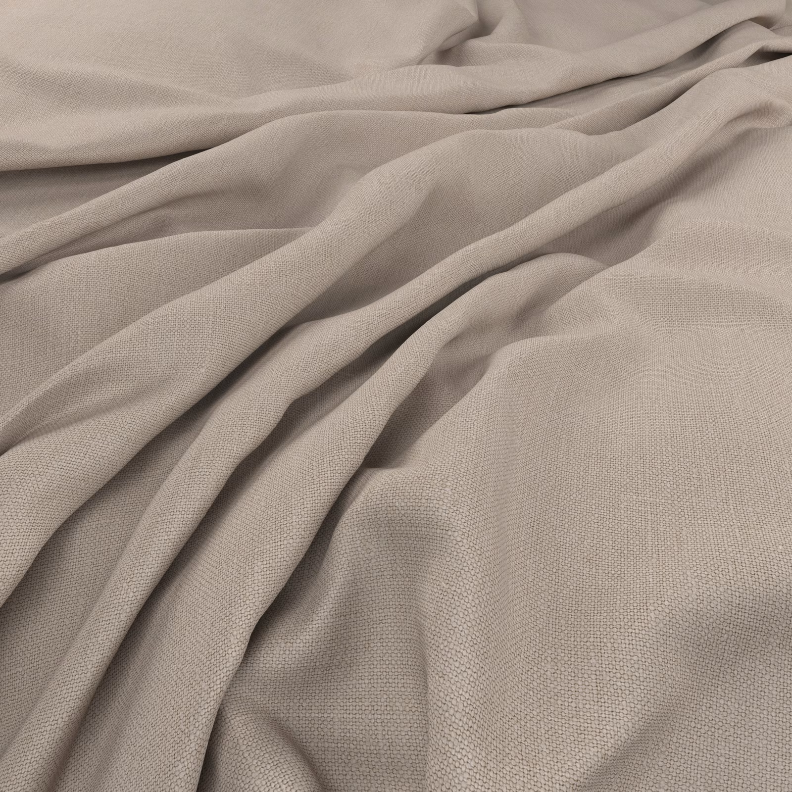 Warm greige plain-weave fabric gathered into soft, fluid folds