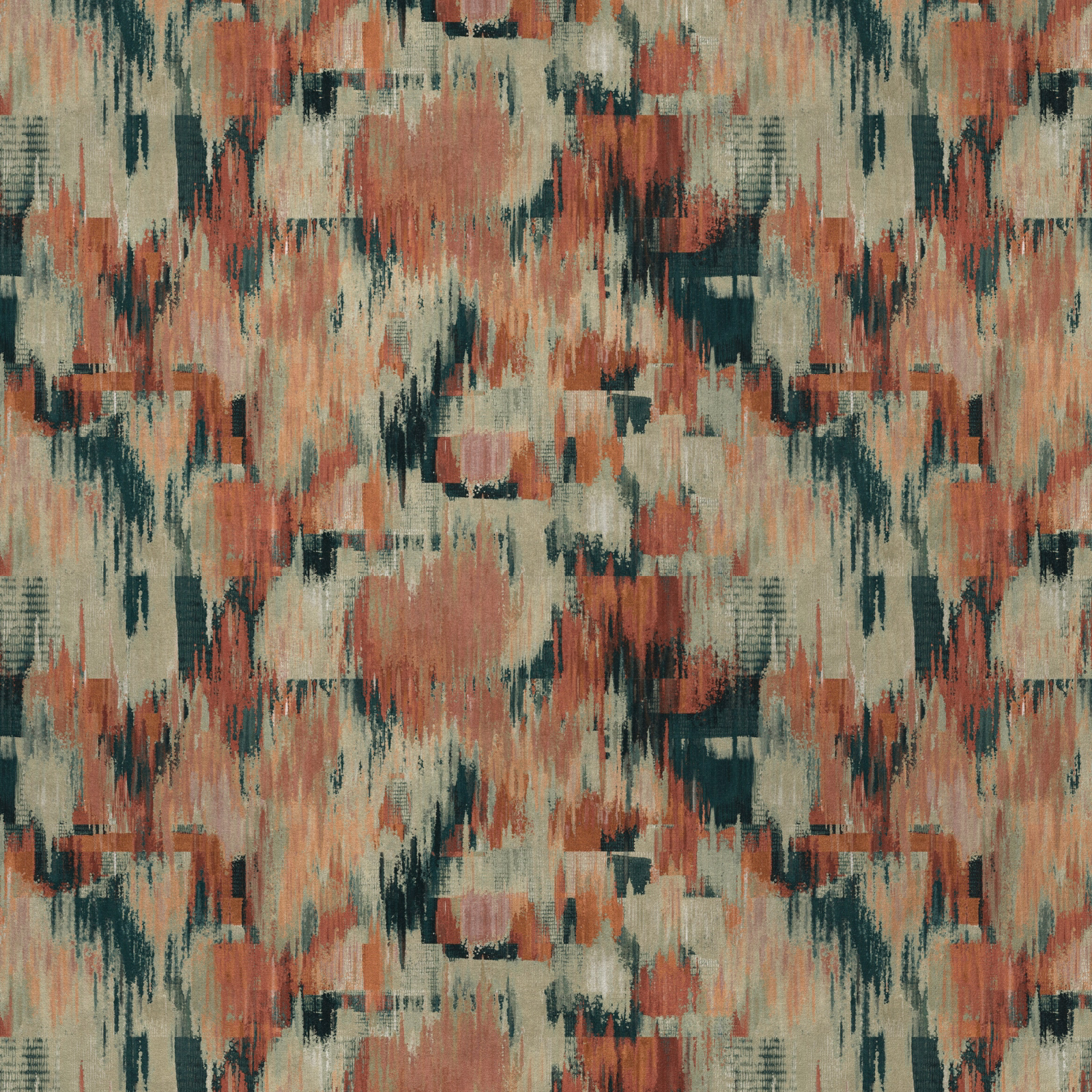 Abstract Warwick fabric swatch in amber terracotta, teal and stone tones