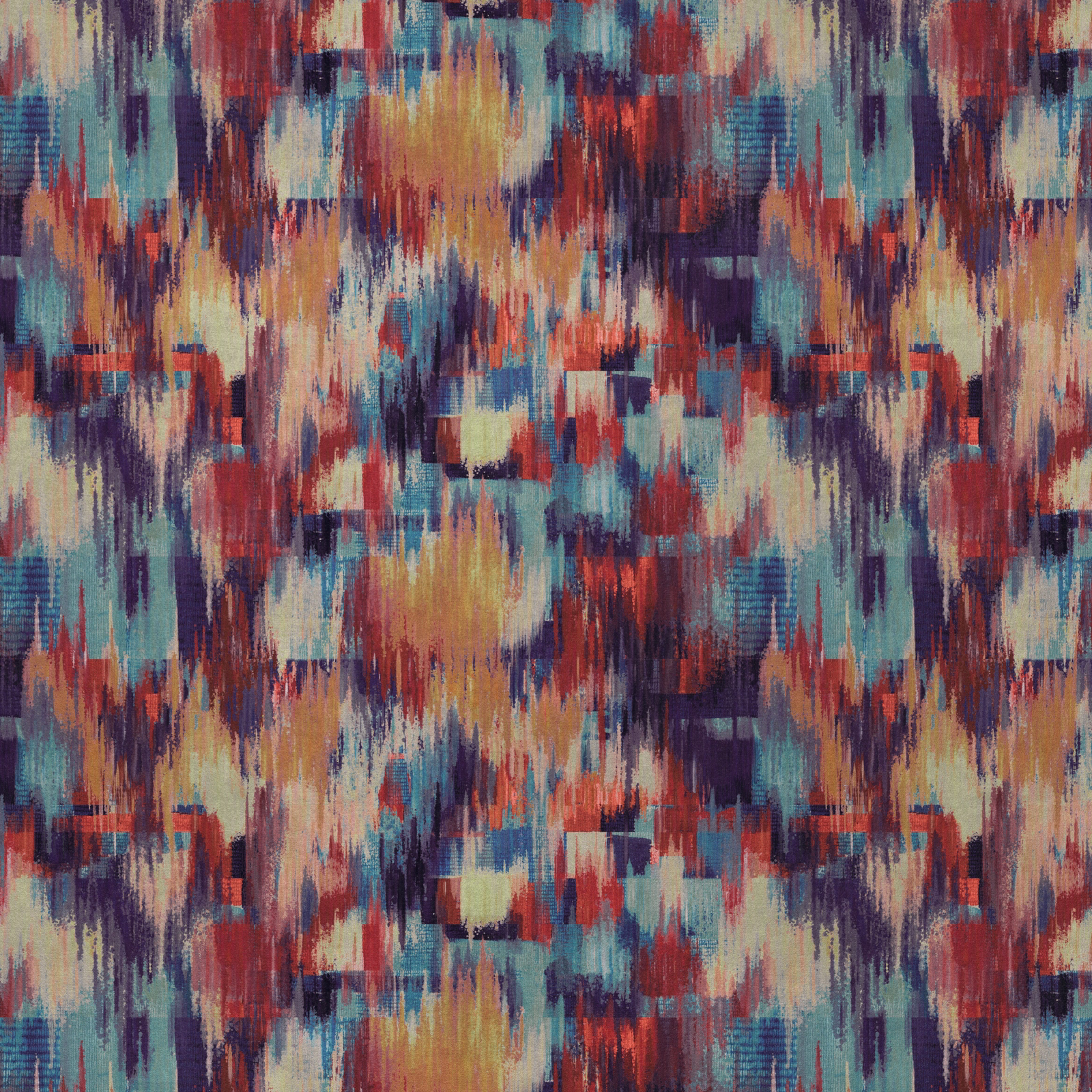 Abstract multicolour fabric swatch with turquoise, coral, purple and gold brushstrokes