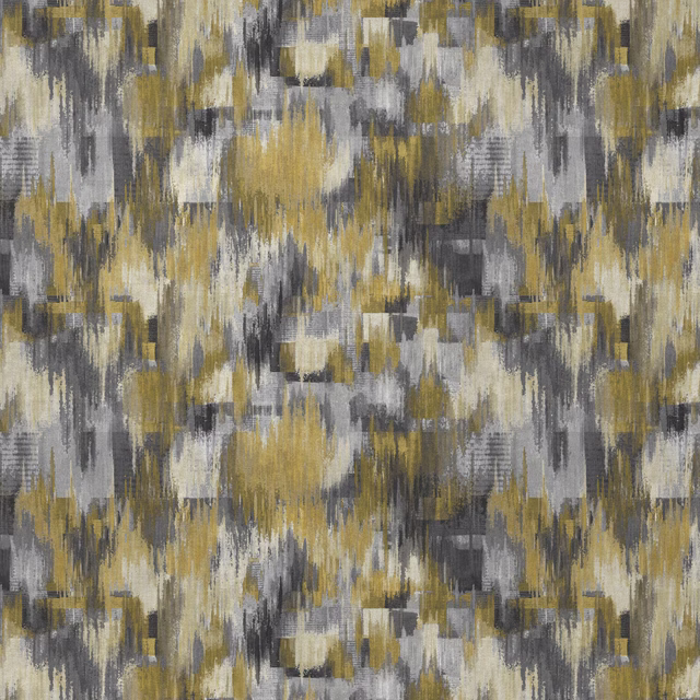 Abstract charcoal grey fabric with ochre and ivory brushstroke pattern