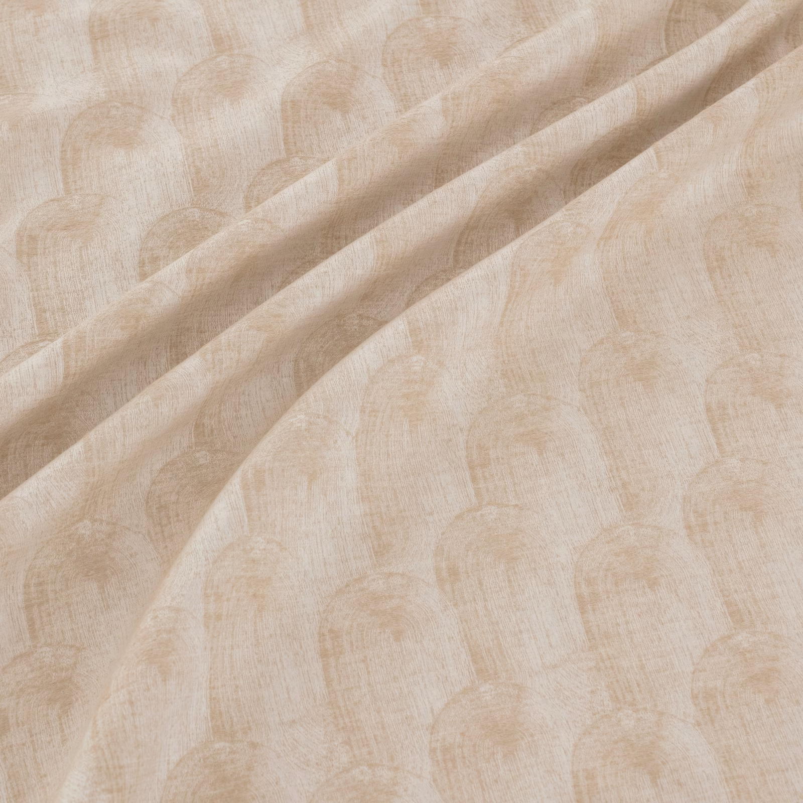 Warm natural beige fabric with tonal arch motifs and fine woven texture