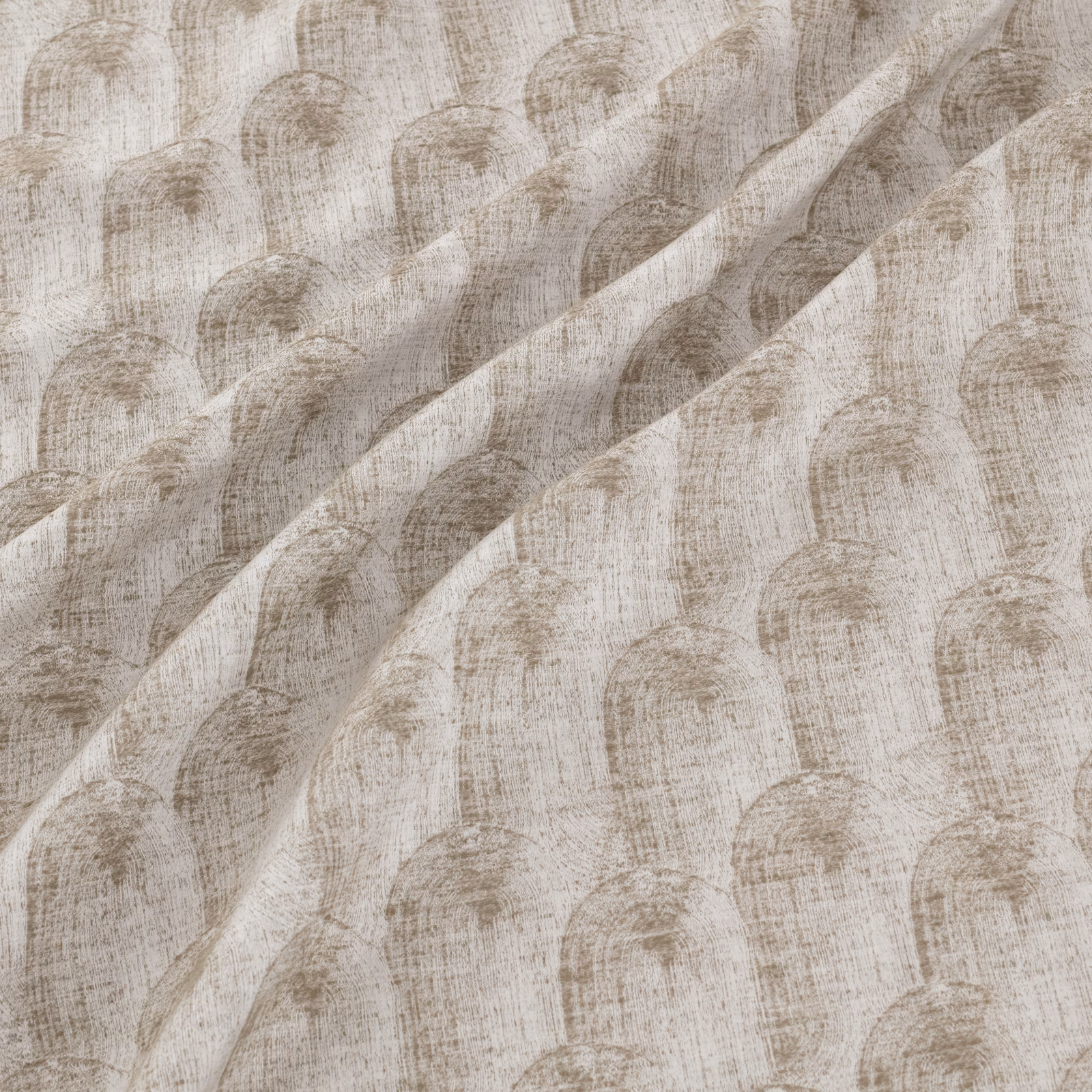 Pale platinum-grey woven textile with layered taupe arches and tactile crosshatched texture