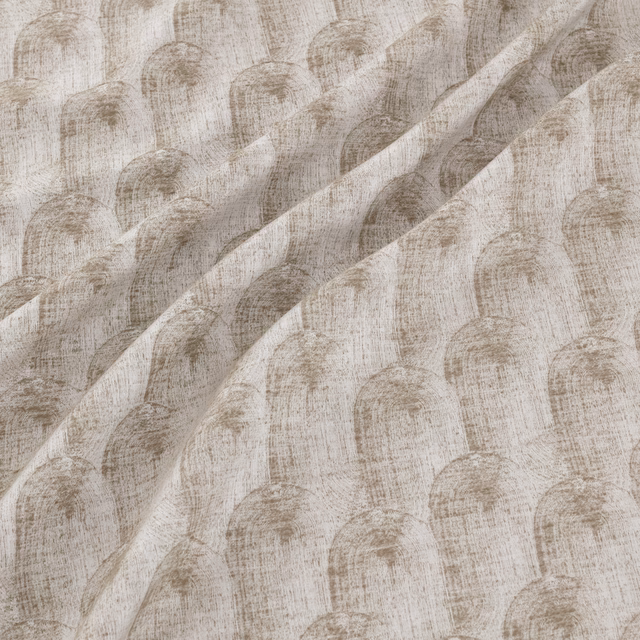 Pale platinum-grey woven textile with layered taupe arches and tactile crosshatched texture