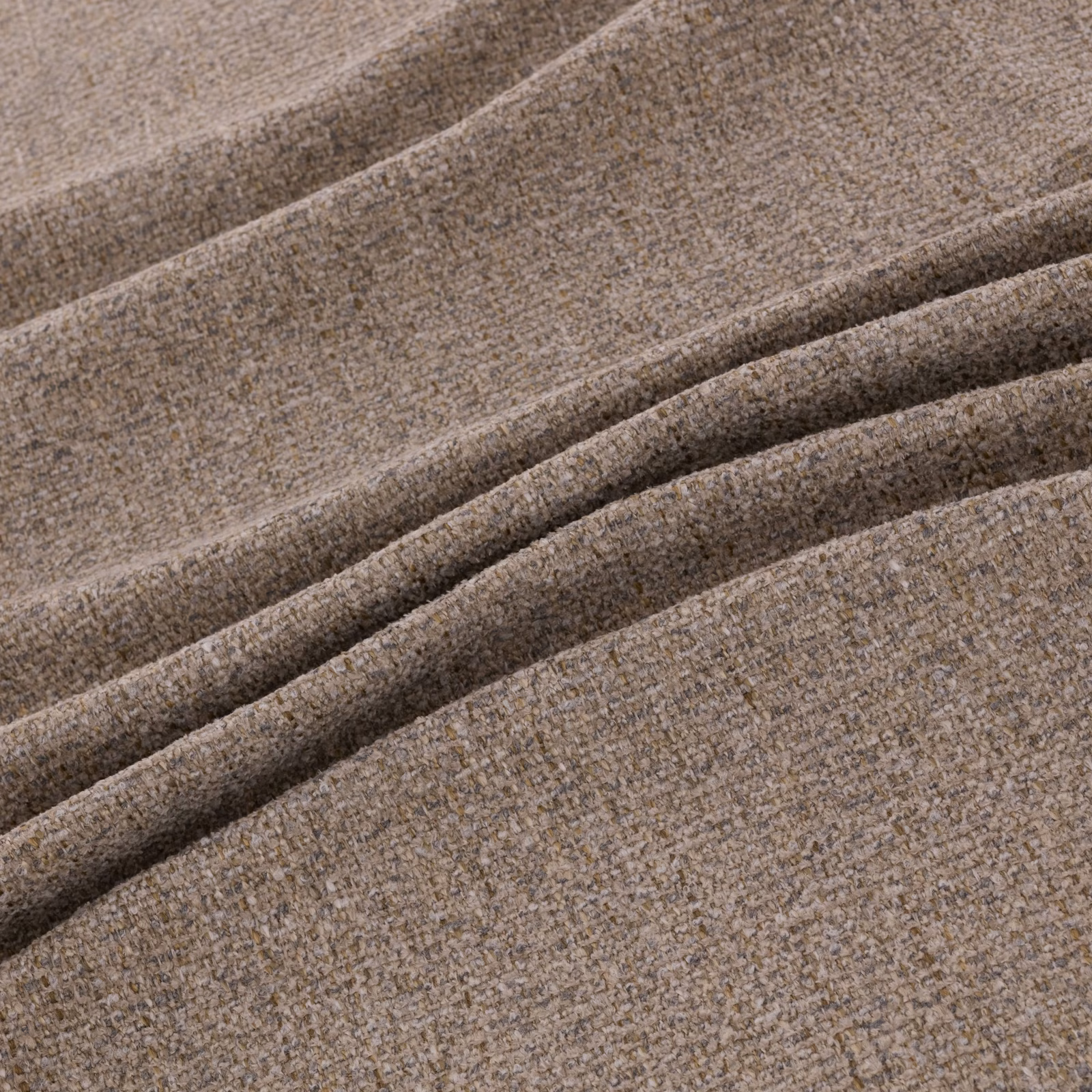 Warm taupe-grey woven upholstery fabric with fine flecks and deep folded texture