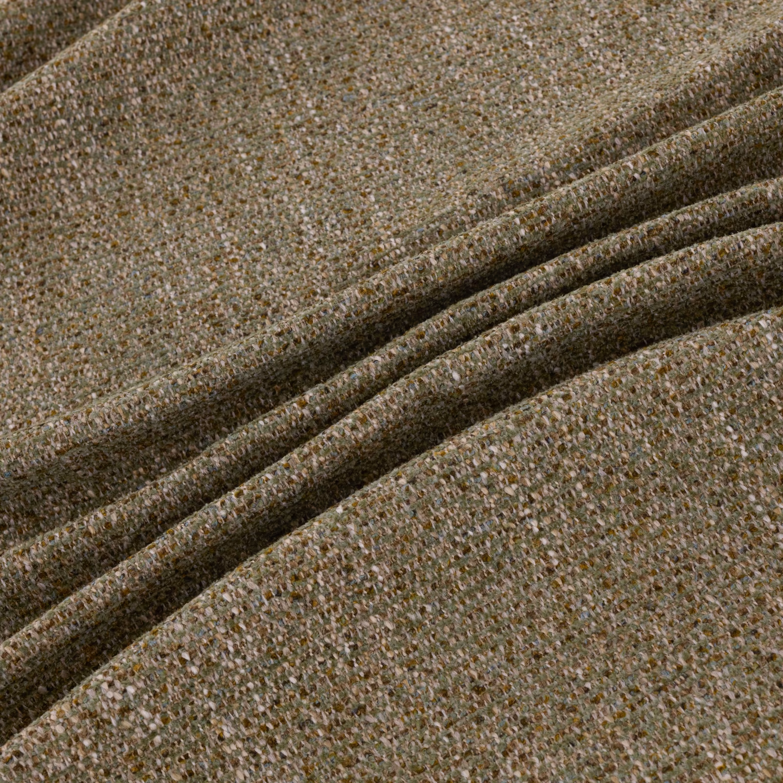 Mottled taupe-olive woven textile with nubby texture gathered into soft folds