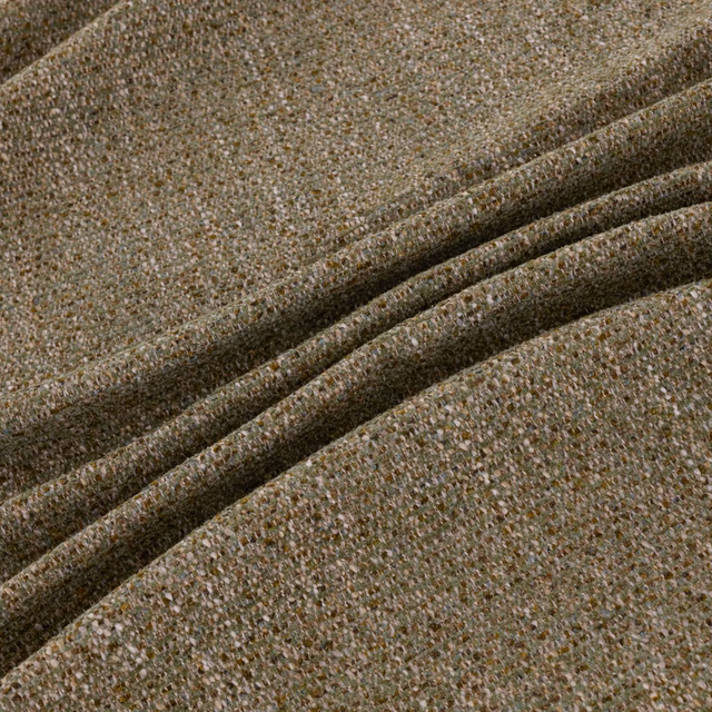 Mottled taupe-olive woven textile with nubby texture gathered into soft folds
